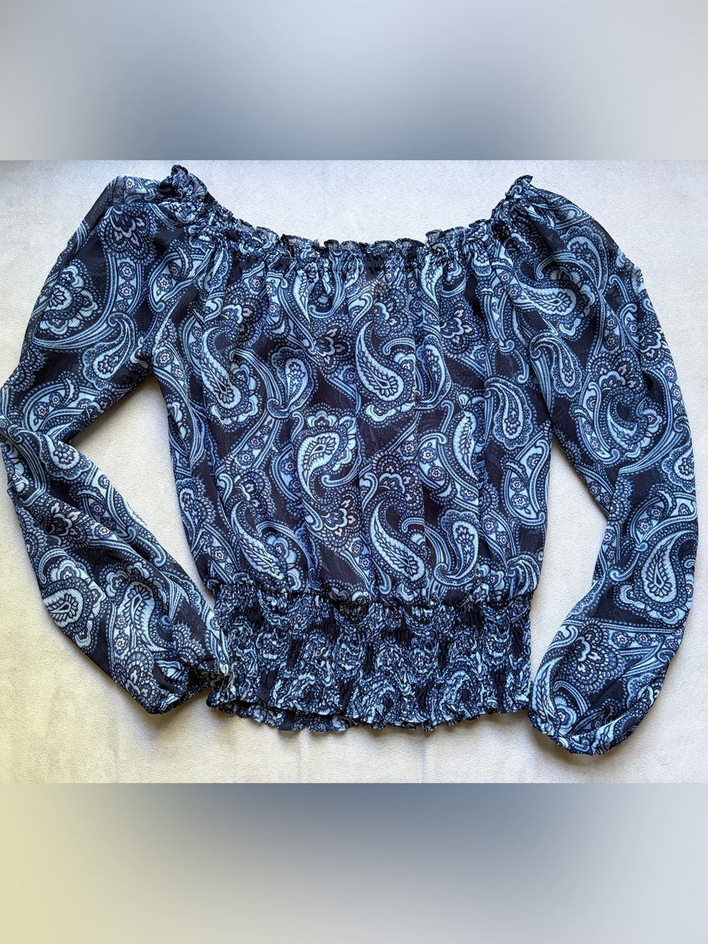 ‘MICHAEL’ Michael Kors Blue Paisley Off-Shoulder Sheer Top
